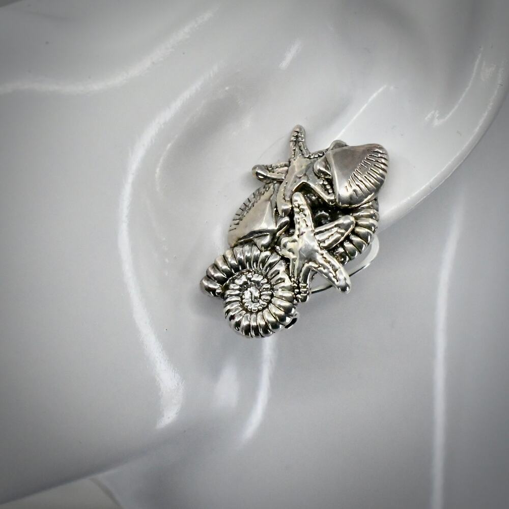 Vintage Bat Ami Israel 925 Sterling Silver Shell Brooch Clip Earrings Set